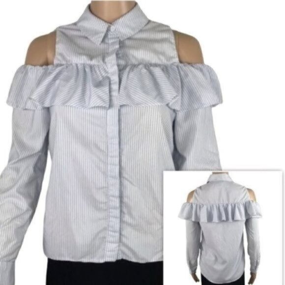 Topshop Tops - Topshop Cold shoulder Ruffled striped button down collared  shirt 4